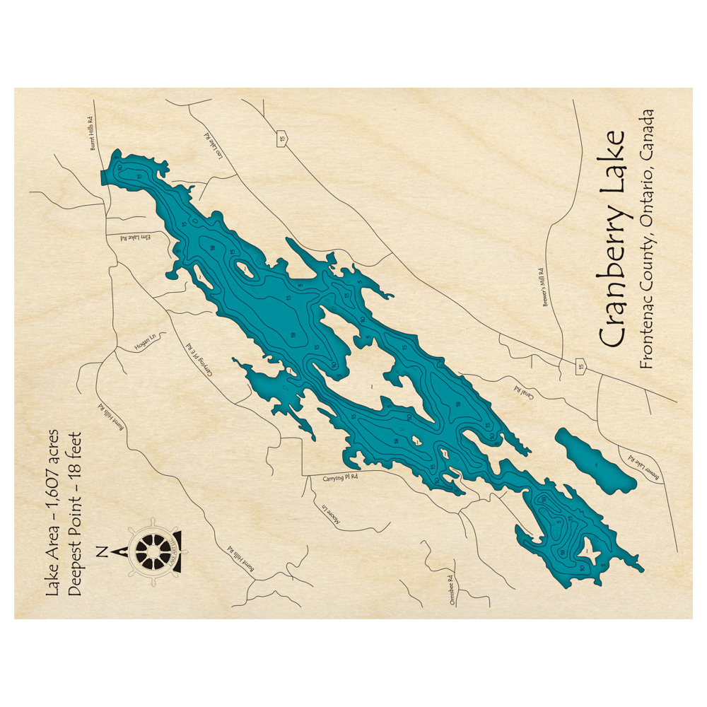 Bathymetric topo map of Cranberry Lake, ON with roads, towns and depths noted in blue water.
