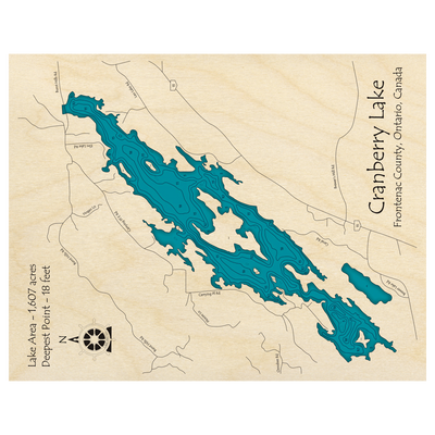 Bathymetric topo map of Cranberry Lake, ON with roads, towns and depths noted in blue water.