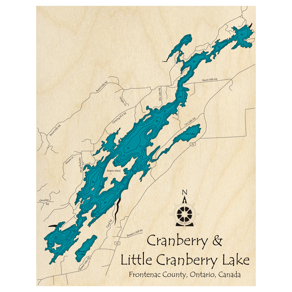 Bathymetric topo map of Cranberry Lake, ON with roads, towns and depths noted in blue water.