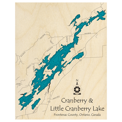 Bathymetric topo map of Cranberry Lake, ON with roads, towns and depths noted in blue water.