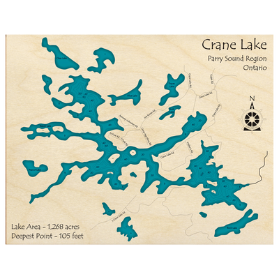 Bathymetric topo map of Crane Lake, ON with roads, towns and depths noted in blue water.