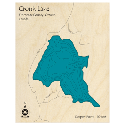 Bathymetric topo map of Cronk Lake, ON with roads, towns and depths noted in blue water.