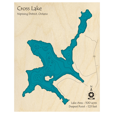 Bathymetric topo map of Cross Lake, ON with roads, towns and depths noted in blue water.