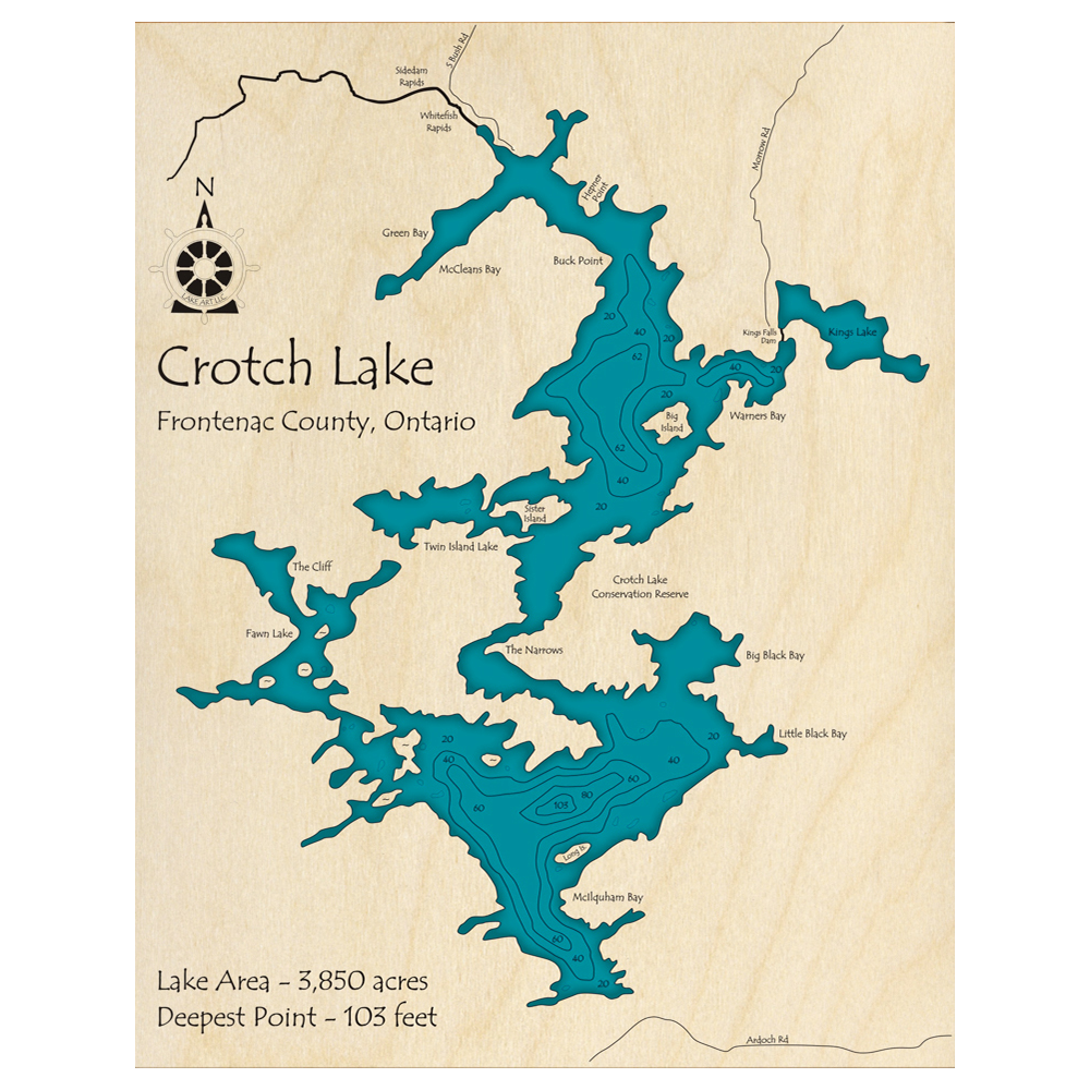 Bathymetric topo map of Crotch Lake, ON with roads, towns and depths noted in blue water.