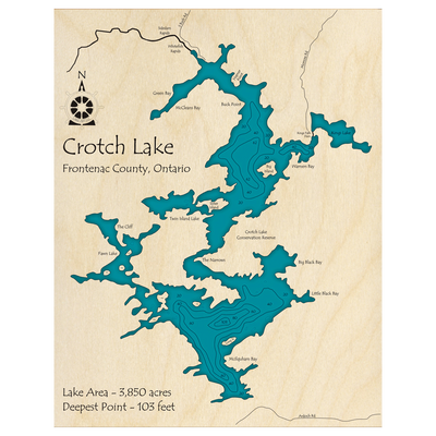 Bathymetric topo map of Crotch Lake, ON with roads, towns and depths noted in blue water.