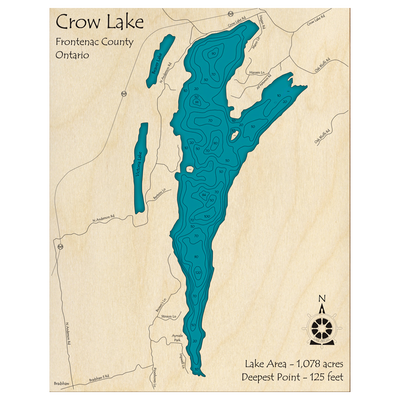 Bathymetric topo map of Crow Lake, ON with roads, towns and depths noted in blue water.