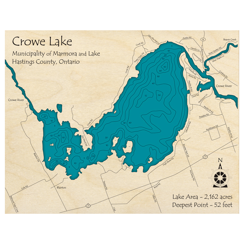 Bathymetric topo map of Crowe Lake, ON with roads, towns and depths noted in blue water.