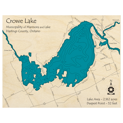 Bathymetric topo map of Crowe Lake, ON with roads, towns and depths noted in blue water.