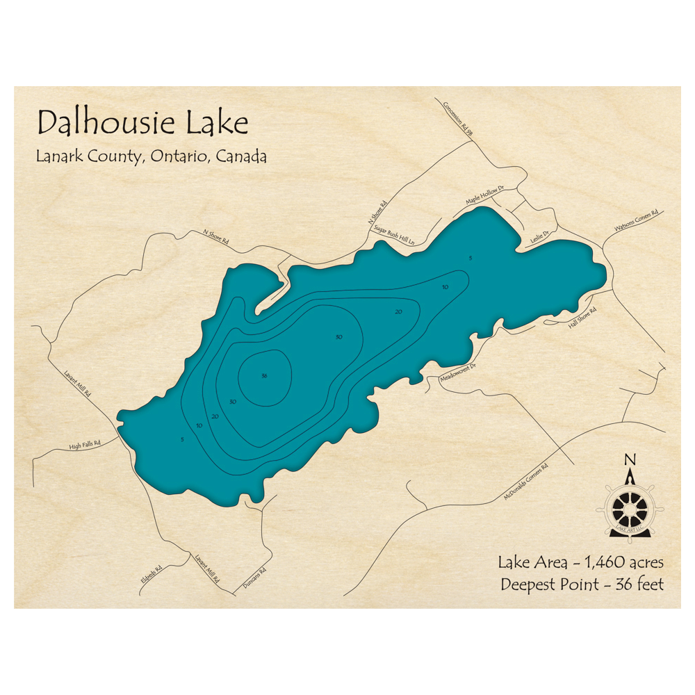 Bathymetric topo map of Dalhousie Lake, ON with roads, towns and depths noted in blue water.