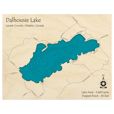 Bathymetric topo map of Dalhousie Lake, ON with roads, towns and depths noted in blue water.