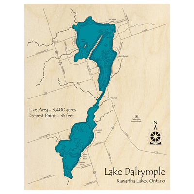 Bathymetric topo map of Lake Dalrymple, ON with roads, towns and depths noted in blue water.