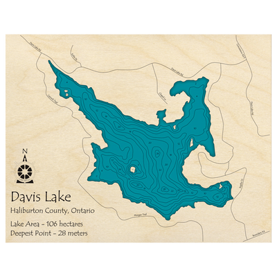 Bathymetric topo map of Davis Lake, ON with roads, towns and depths noted in blue water.