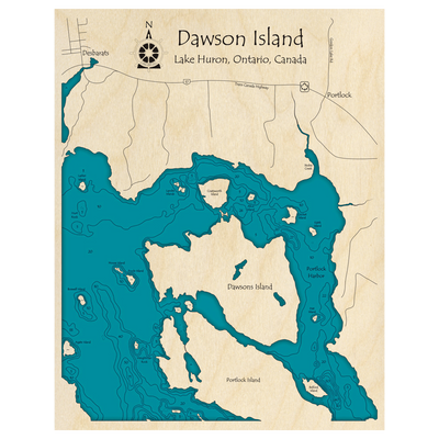 Bathymetric topo map of Dawson Island, ON with roads, towns and depths noted in blue water.