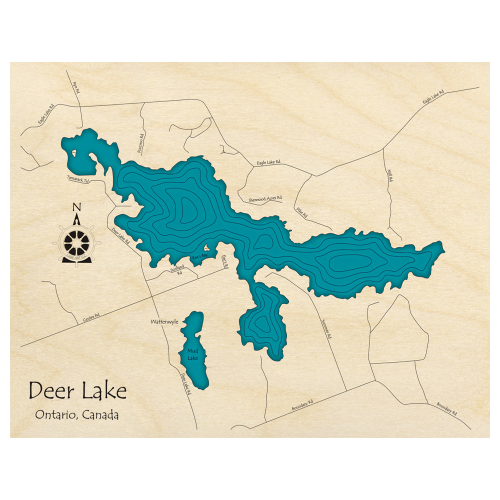 Bathymetric topo map of Deer Lake, ON with roads, towns and depths noted in blue water.