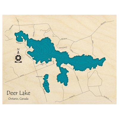 Bathymetric topo map of Deer Lake, ON with roads, towns and depths noted in blue water.