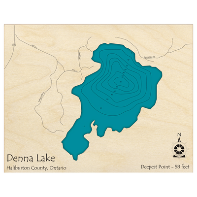 Bathymetric topo map of Denna Lake, ON with roads, towns and depths noted in blue water.