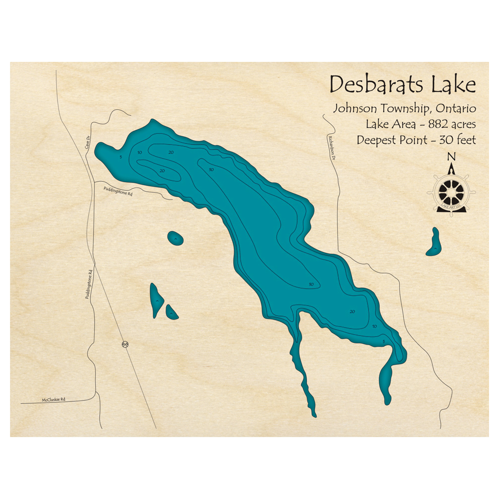 Bathymetric topo map of Desbarats Lake, ON with roads, towns and depths noted in blue water.
