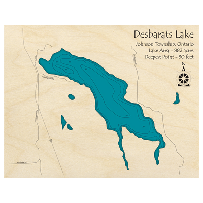 Bathymetric topo map of Desbarats Lake, ON with roads, towns and depths noted in blue water.