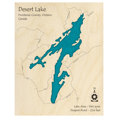 Bathymetric topo map of Desert Lake, ON with roads, towns and depths noted in blue water.