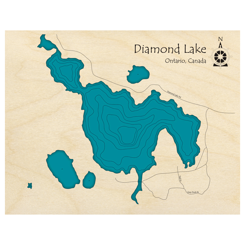Bathymetric topo map of Diamond Lake, ON with roads, towns and depths noted in blue water.