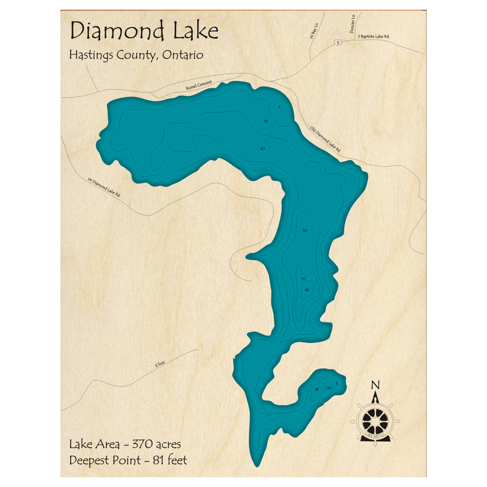 Bathymetric topo map of Diamond Lake, ON with roads, towns and depths noted in blue water.