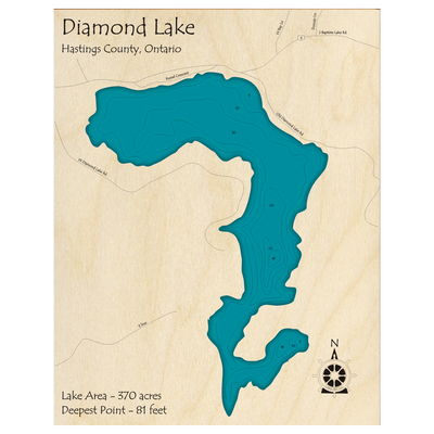 Bathymetric topo map of Diamond Lake, ON with roads, towns and depths noted in blue water.