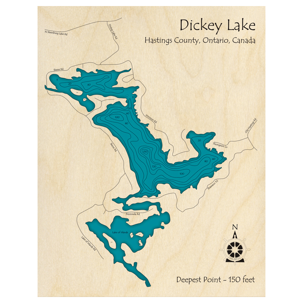 Bathymetric topo map of Dickey Lake, ON with roads, towns and depths noted in blue water.