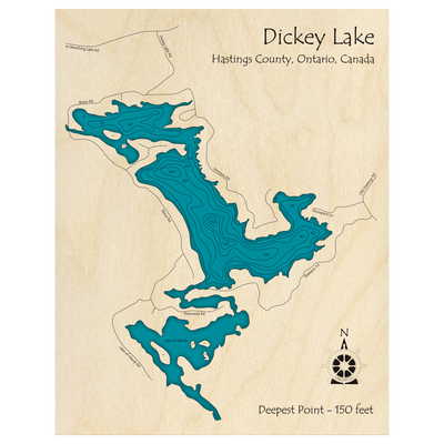 Bathymetric topo map of Dickey Lake, ON with roads, towns and depths noted in blue water.