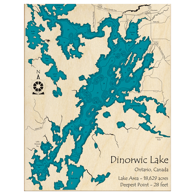 Bathymetric topo map of Dinorwic Lake, ON with roads, towns and depths noted in blue water.