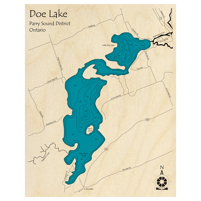 Bathymetric topo map of Doe Lake, ON with roads, towns and depths noted in blue water.