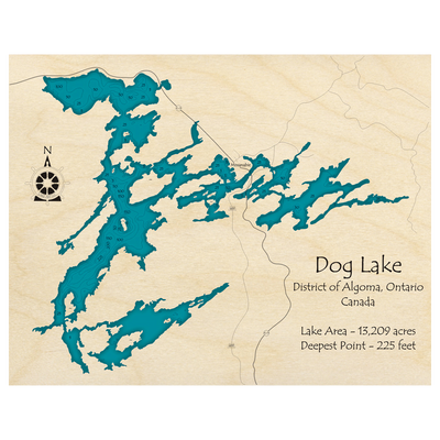 Bathymetric topo map of Dog Lake, ON with roads, towns and depths noted in blue water.