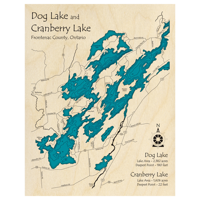 Bathymetric topo map of Dog Lake and Cranberry Lake, ON with roads, towns and depths noted in blue water.