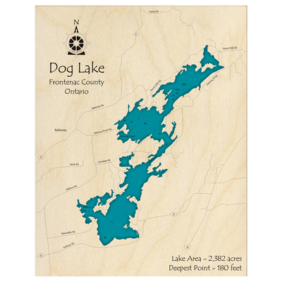 Bathymetric topo map of Dog Lake, ON with roads, towns and depths noted in blue water.