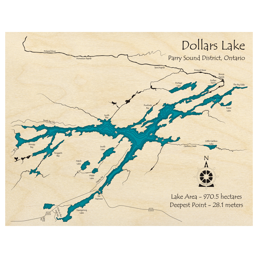 Bathymetric topo map of Dollars Lake, ON with roads, towns and depths noted in blue water.
