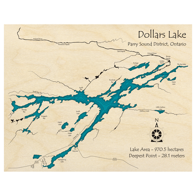 Bathymetric topo map of Dollars Lake, ON with roads, towns and depths noted in blue water.