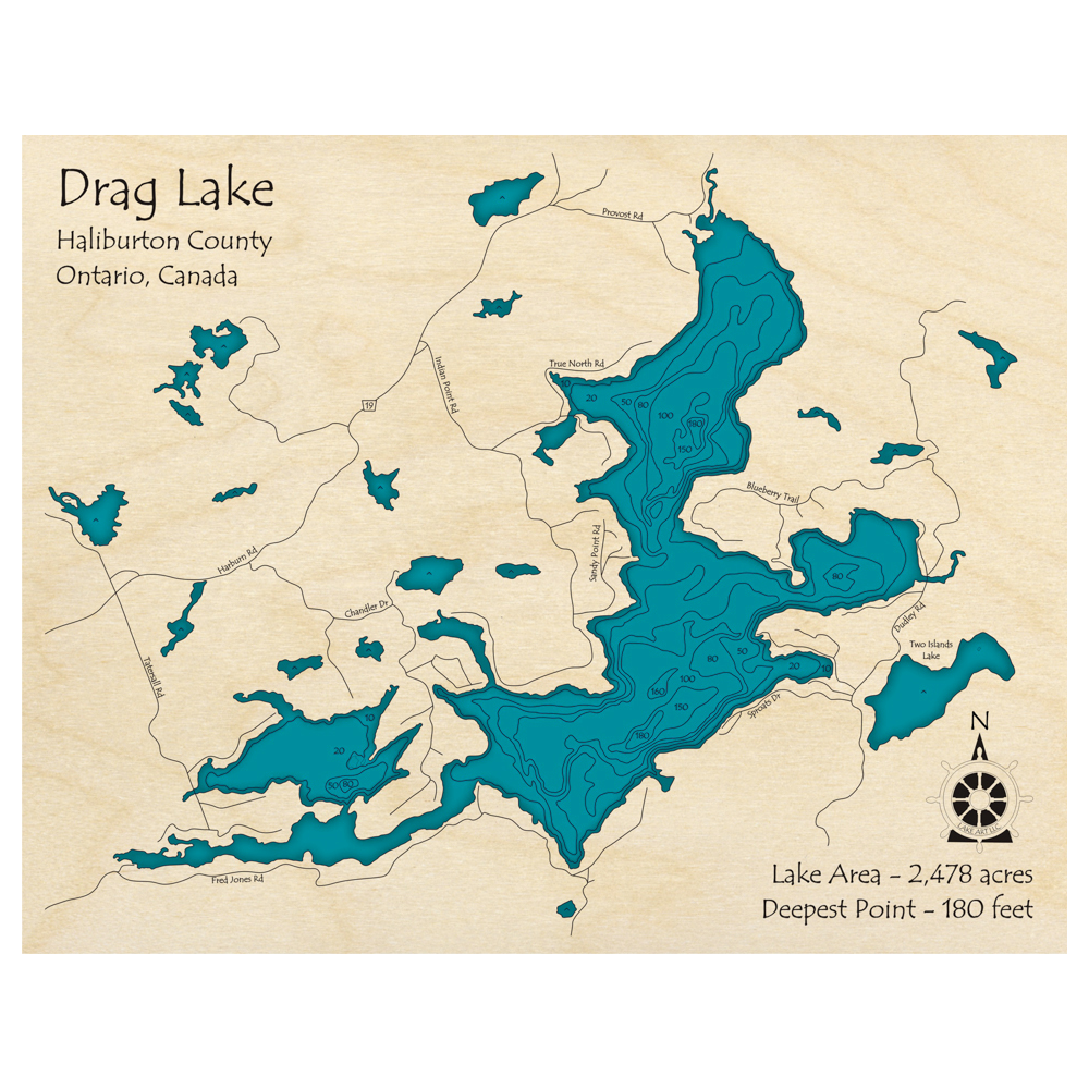 Bathymetric topo map of Drag Lake, ON with roads, towns and depths noted in blue water.