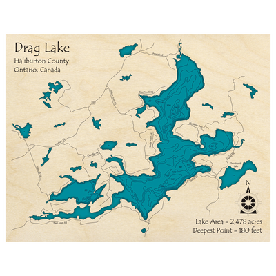 Bathymetric topo map of Drag Lake, ON with roads, towns and depths noted in blue water.