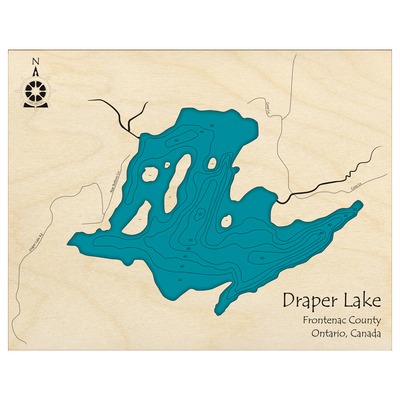 Bathymetric topo map of Draper Lake, ON with roads, towns and depths noted in blue water.