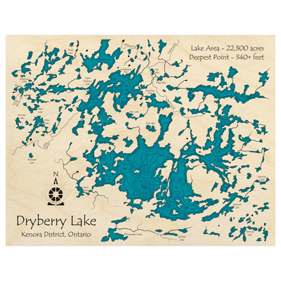 Bathymetric topo map of Dryberry Lake, ON with roads, towns and depths noted in blue water.