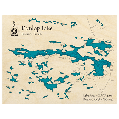 Bathymetric topo map of Dunlop Lake, ON with roads, towns and depths noted in blue water.