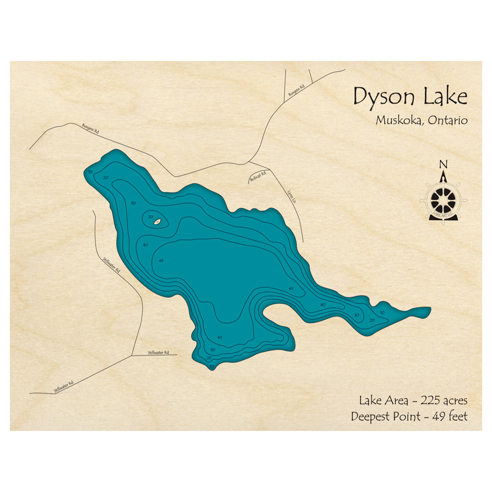 Bathymetric topo map of Dyson Lake, ON with roads, towns and depths noted in blue water.