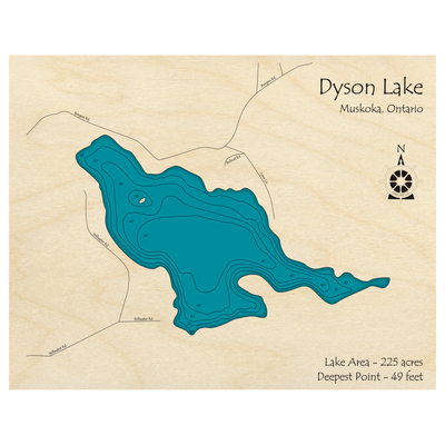 Bathymetric topo map of Dyson Lake, ON with roads, towns and depths noted in blue water.
