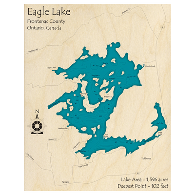 Bathymetric topo map of Eagle Lake, ON with roads, towns and depths noted in blue water.