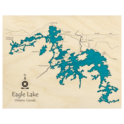Bathymetric topo map of Eagle Lake, ON with roads, towns and depths noted in blue water.