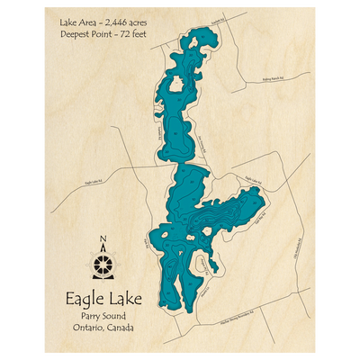 Bathymetric topo map of Eagle Lake, ON with roads, towns and depths noted in blue water.