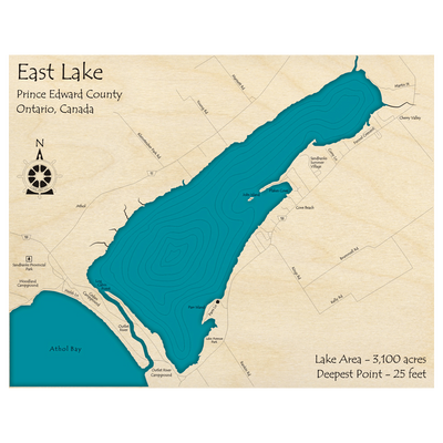 Bathymetric topo map of East Lake, ON with roads, towns and depths noted in blue water.