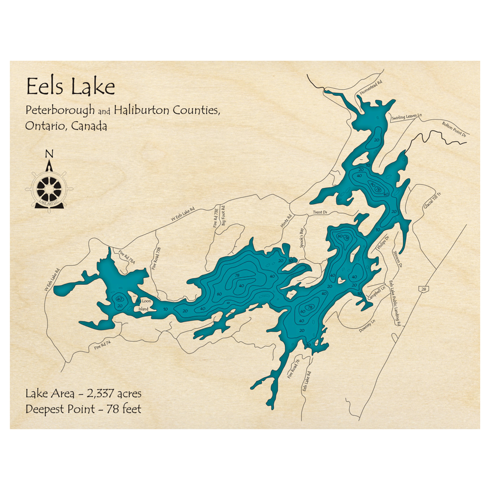 Bathymetric topo map of Eels Lake, ON with roads, towns and depths noted in blue water.