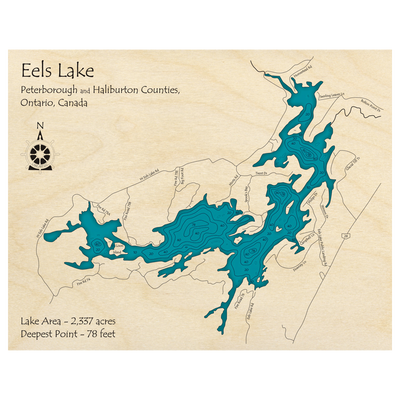 Bathymetric topo map of Eels Lake, ON with roads, towns and depths noted in blue water.