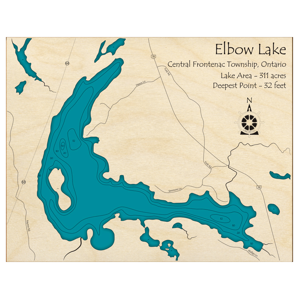 Bathymetric topo map of Elbow Lake, ON with roads, towns and depths noted in blue water.