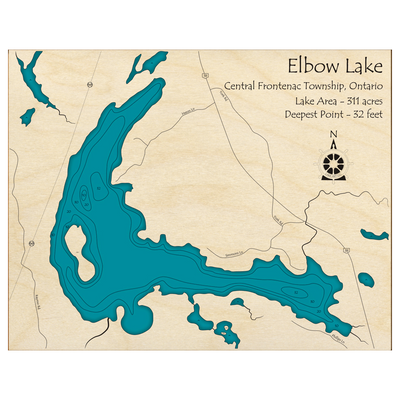 Bathymetric topo map of Elbow Lake, ON with roads, towns and depths noted in blue water.